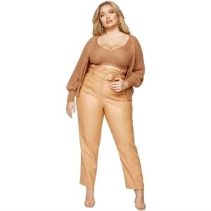 FASHION TO FIGURE; Women's Tan Anika Faux Leather Paperbag Waist Pants, Sz 1X